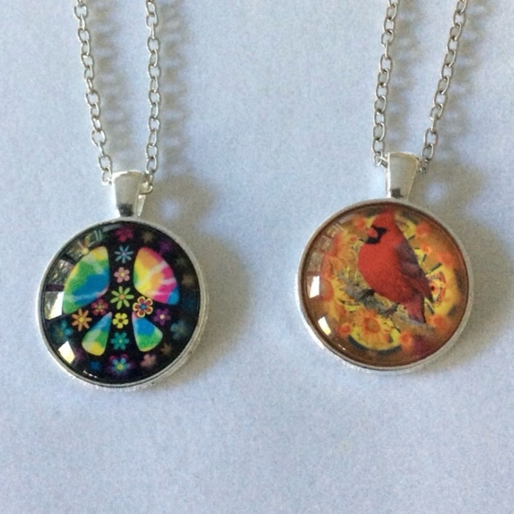 Glass Pendants on Silver Tone Chains.